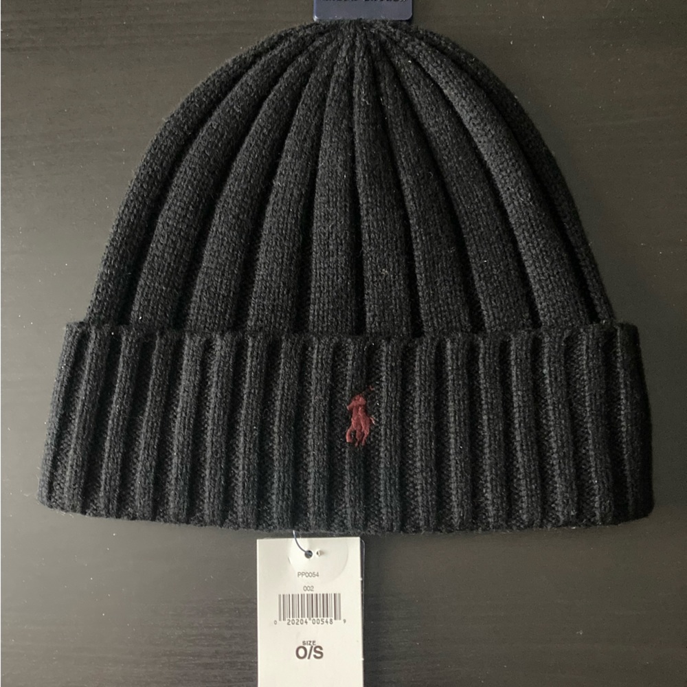Polo Ralph Lauren Wool Knit Beanie Hat Winter Cap Mens One Size Black Ponny NWT